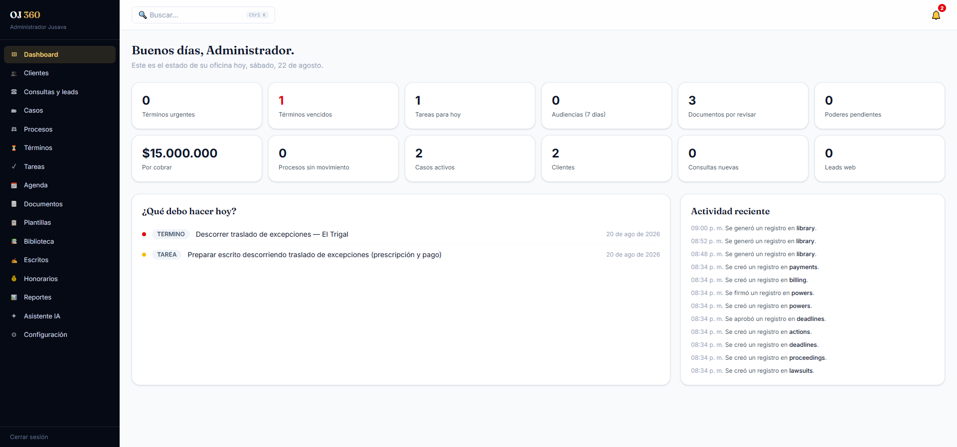Dashboard de Oficina Jurídica 360