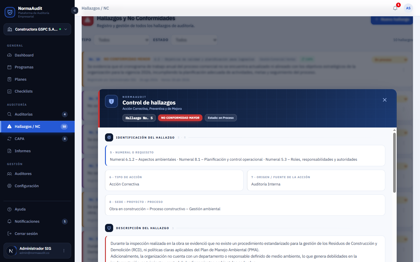 Ficha del hallazgo con los 25 ítems del documento de control